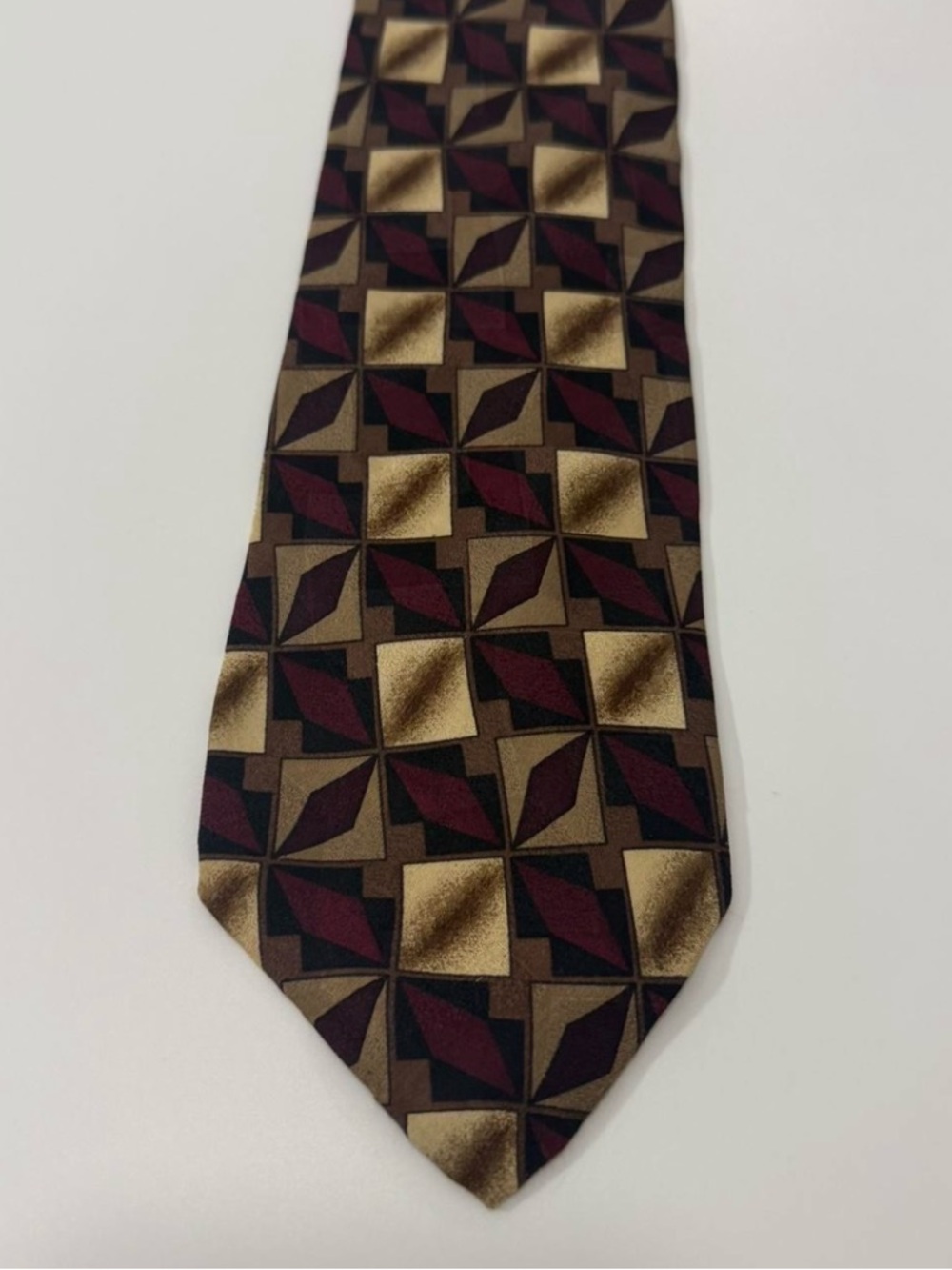 Geometric Brown & Burgundy Men's Silk-Effect Tie